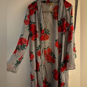 Floral Women's Kimono with Red and Black Stripes